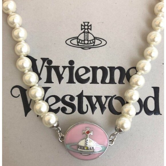 Vivienne Westwood Pink Orb 1 Row Pearl Pendant Necklace White with drawstring - Picture 1 of 7